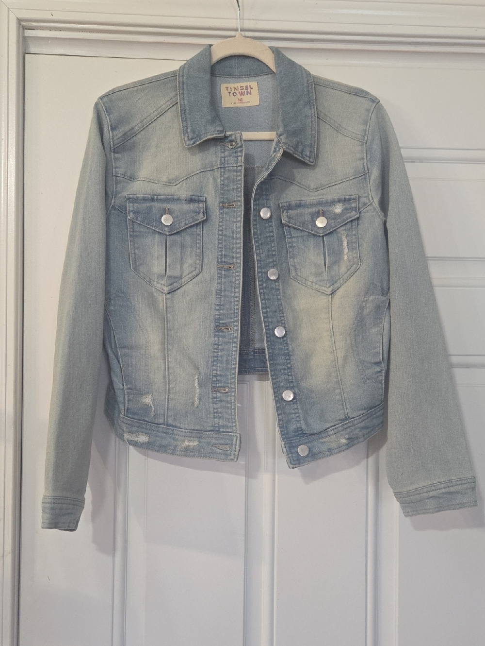 Tinseltown Distressed Light Blue Denim Jacket NWT